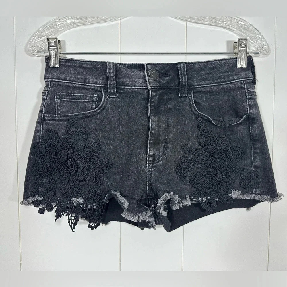 American Eagle Super Super Stretch X Hi Rise Shortie Shorts Size 4 Black Lace